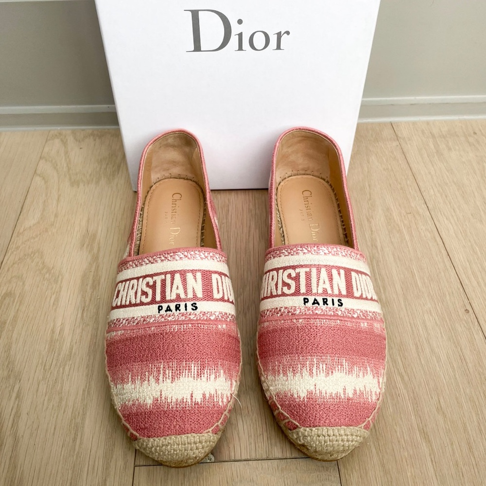 Dior Pink Granville Embroidered D Stripe Cotton Espadrille Flats in Pink & White - Picture 3 of 6